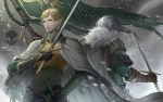  2boys back-to-back batting_stance black_gloves blonde_hair blue_eyes brown_cape brown_gloves cape copyright_name elion_the_king_of_spirits flag frown fur_trim gideon_(pixiv_fantasia_last_saga) gloves grey_sky highres holding holding_flag holding_sword holding_weapon logo male_focus meroz multiple_boys pixiv_fantasia_last_saga sheath silver_hair sword weapon white_cape 