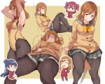  3girls alp black_legwear brown_hair chibi chibi_inset commentary_request covered_navel cowboy_shot grey_skirt kunikida_hanamaru kurosawa_ruby long_hair love_live! love_live!_sunshine!! multiple_girls multiple_views orange_sweater pantyhose pantyhose_under_swimsuit pillow school_uniform sitting skirt sleeping solo_focus sweater swimsuit thick_thighs thighs track_suit tsushima_yoshiko uranohoshi_school_uniform yellow_eyes yellow_neckwear yellow_swimsuit 