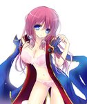  arc_system_works bangs blazblue blazblue:_calamity_trigger blazblue:_continuum_shift blue_eyes bra breasts cleavage coat cosplay female jin_kisaragi jin_kisaragi_(cosplay) kisaragi_jin lingerie long_hair midriff nemu_y open_clothes open_coat panties pink_bra pink_panties red_hair solo tsubaki_yayoi underwear white_background 