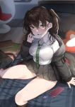  1girl absurdres black_jacket brown_eyes brown_hair cellphone collared_shirt diagonal-striped_neckwear diagonal_stripes foodtoyc green_neckwear hair_between_eyes highres idolmaster idolmaster_cinderella_girls jacket long_hair looking_at_viewer mask_pull mole mole_under_eye necktie nintendo_switch off_shoulder open_mouth panties pantyshot phone pleated_skirt sharp_teeth shirt sitting skirt smartphone solo striped striped_neckwear sunazuka_akira surgical_mask teeth twintails underwear 