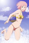  ball barefoot bikini cameltoe cloud clouds feet foot green_eyes haruno_sakura highres naruto pink_hair sky smile stiky_finkaz swimsuit water watermark 