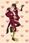  1boy 1girl absurdres barry_allen brown_eyes brown_hair carrying cosplay couple dc_comics dress female flash_(series) gloves high_heels highres iris_west long_hair male mask spandex the_flash the_flash_(cosplay) vitamins_si wink 