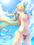  bikini blonde_hair breasts cleavage covered_nipples detached_sleeves groin hair_over_one_eye huge_breasts lens_flare long_hair micro_bikini naoto_(yandereheaven) nintendo o-ring o-ring_bottom pokemon shirona_(pokemon) solo swimsuit tall very_long_hair 