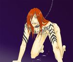  abarai_renji all_fours bdsm bleach blush bondage bound brown_eyes chain chains collar cum gag gradient gradient_background male male_focus red_hair solo sweat tattoo 