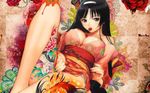  black_hair breasts cherry cleavage feet flower food fruit graffiti hairband highres japanese_clothes jpeg_artifacts kimono large_breasts leg_up legs long_hair mouth_hold no_bra no_panties off_shoulder original reclining rose sandals scan sitting snyp solo tanaka_takayuki tattoo third-party_edit toes very_long_hair wallpaper watermark 