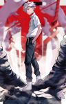  1boy 55level collar full_body grey_hair hair_between_eyes hands_in_pockets highres lance_of_longinus looking_at_viewer male_focus nagisa_kaworu neon_genesis_evangelion rebuild_of_evangelion red_eyes solo 