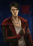  1boy black_hair cigarette dante dante_(dmc:_devil_may_cry) devil_may_cry dmc:_devil_may_cry fingerless_gloves gloves jewelry long_sleeves male male_focus necklace red_eyes smoke smoking solo trench_coat trenchcoat union_jack 
