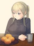  1girl alternate_costume blonde_hair blue_eyes cup food fruit graf_zeppelin_(kantai_collection) grey_sweater hair_between_eyes highres kantai_collection looking_to_the_side mandarin_orange masukuza_j mug orange plate ribbed_sweater sidelocks simple_background solo sweater table tsurime twintails upper_body white_background 