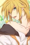  alternate_hairstyle androgynous bare_shoulders blonde_hair blue_eyes collarbone flower kagamine_len male male_focus mukkun open_mouth school_uniform serafuku solo undressing vocaloid 