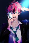 1boy angry bags_under_eyes blue_eyes blue_hair business_suit cellphone collared_shirt finger_gun_to_head flip_phone formal glowing green_neckwear holding holding_phone hypnosis_mic kannonzaka_doppo loose_necktie male_focus messy_hair multicolored_hair navy_blue_background necktie open_mouth phone red_hair salaryman shirt shouting signature solo striped striped_shirt suit two-tone_hair 