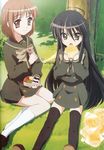  2girls black_hair bread brown_eyes brown_hair eating food melon_bread multiple_girls obento obentou official_art shakugan_no_shana shana spork tree yoshida_kazumi 