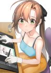  1girl akigumo_(kantai_collection) bags_under_eyes brown_hair chair commentary_request cooling_pad desk drawing_tablet energy_drink gloves green_eyes hair_ribbon highres holding holding_stylus kantai_collection long_hair looking_at_viewer masukuza_j off_shoulder office_chair ponytail ribbon simple_background solo stylus tablet_pc tank_top white_background 