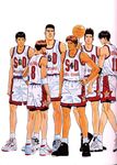  akagi_takenori all-stars backview ball basketball basketball_shoes black_hair brown_hair elbow_bands footwear fujima_kenji hand_on_hip hips holding inoue_takehiko jersey jin_souichirou looking_at_viewer looking_back maki_shinichi rukawa_kaede sendou_akira short_hair short_pants simple_background slam_dunk smile socks spiked_hair spinning team 