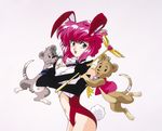  90s absurdres animal animal_ears black_gloves bunny_ears bunny_tail cowboy_shot elbow_gloves fang gloves highres holding leotard looking_at_viewer misty_may navel nega-king official_art open_mouth otaku_no_video pink_hair posi-king red_leotard short_hair simple_background sleeveless spring_onion tail testicles wand 