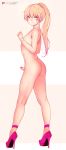  1boy absurdres artist_name ass bangs blonde_hair bluefield blush censored choker dimples_of_venus eyebrows_visible_through_hair from_side full_body heart high_heels highleg highres long_hair looking_at_viewer looking_to_the_side mosaic_censoring multicolored_hair nude original parted_lips patreon_logo patreon_username penis pink_background pink_footwear pink_hair ponytail smile solo standing streaked_hair trap twitter_username two-tone_background white_background white_choker white_hair wristband 