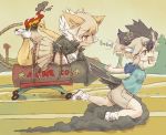  2girls :3 bird_tail bird_wings black_hair blonde_hair commentary coyote_(kemono_friends) coyote_ears coyote_tail crop_top extra_ears fire food food_in_mouth fuse greater_roadrunner_(kemono_friends) grey_hair head_wings jacket kemono_friends kolshica midriff mouth_hold multicolored_hair multiple_girls rock running shirt shoes short_hair short_sleeves shorts sneakers t-shirt thighhighs toast toast_in_mouth wings yellow_eyes zettai_ryouiki 
