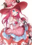  1girl bangs blue_eyes closed_mouth detached_sleeves dress dress_flower elizabeth_bathory_(fate) elizabeth_bathory_(fate/extra_ccc) elizabeth_bathory_(third_ascension)_(fate) emyo fate/extra fate/extra_ccc fate_(series) flower hair_between_eyes hands_up hat hat_flower holding holding_microphone long_hair long_sleeves microphone microphone_stand pink_dress pink_flower pink_hair pink_headwear pink_rose pointy_ears rose sleeveless sleeveless_dress smile solo striped striped_dress striped_headwear stuffed_animal stuffed_pig stuffed_squirrel stuffed_toy top_hat vertical-striped_dress vertical-striped_headwear vertical_stripes very_long_hair 