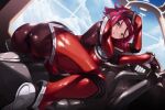  1girl :o ass blush bodysuit breasts cait_aron code_geass commentary from_behind green_eyes hand_on_own_head headband highres kallen_stadtfeld large_breasts looking_at_viewer looking_back parted_lips purple_hair red_bodysuit red_headband short_hair solo thighs 