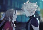  1boy 1girl absurdres aerith_gainsborough armor bangs blonde_hair blue_eyes blurry blurry_background braid braided_ponytail breasts brown_hair choker cloud_strife dress earrings final_fantasy final_fantasy_vii final_fantasy_vii_remake flower_choker green_eyes hair_ribbon highres jacket jewelry leaning_forward long_hair looking_at_another outdoors parted_bangs parted_lips pink_dress pink_ribbon profile red_jacket ribbon short_hair short_sleeves shoulder_armor sidelocks single_earring sleeveless sleeveless_turtleneck smile spiked_hair suspenders turtleneck upper_body yorukun 