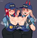  2girls absurdres baseball_cap black_gloves blonde_hair blue_overalls blue_shirt blush breast_press breasts chainsaw_man cleavage closed_mouth collarbone collared_shirt cuffs fingerless_gloves gloves handcuffs hat highres holding_hands horns large_breasts long_hair looking_at_viewer makima_(chainsaw_man) multiple_girls nezulet open_mouth orange_eyes overalls police police_uniform power_(chainsaw_man) red_hair sharp_teeth shirt sleeves_rolled_up smile standing steaming_body symbol-shaped_pupils teeth uniform yellow_eyes 