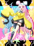  bow-shaped_hair character_hair_ornament grey_pantyhose hair_ornament hexagon_print iono_(pokemon) jacket leon_no_neko long_hair low-tied_long_hair multicolored_hair oversized_clothes pantyhose pokemon pokemon_(game) pokemon_sv sharp_teeth single_leg_pantyhose sleeves_past_fingers sleeves_past_wrists split-color_hair teeth very_long_sleeves x yellow_jacket 