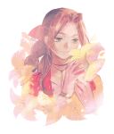  1girl aerith_gainsborough bangle bangs bracelet braid braided_ponytail brown_hair choker final_fantasy final_fantasy_vii final_fantasy_vii_remake flower flower_choker green_eyes hair_ribbon holding holding_flower jacket jewelry lily_(flower) long_hair parted_bangs pink_ribbon portrait red_jacket ribbon sidelocks sketch smile solo taa_(acid) white_background yellow_flower 