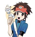  !? 1boy :d blue_jacket blush bodysuit bodysuit_under_clothes bright_pupils brown_eyes brown_hair chirosamu commentary food high_collar highres holding ice_cream ice_cream_cone jacket male_focus nate_(pokemon) open_mouth pokemon pokemon_(creature) pokemon_(game) pokemon_bw2 red_headwear short_hair smile strap symbol-only_commentary teeth tongue upper_body upper_teeth vanillite visor_cap white_pupils 