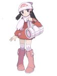  1girl bag beanie black_hair boots closed_mouth coat commentary_request dawn_(pokemon) duffel_bag full_body gogot grey_eyes hair_ornament hairclip hand_up hat highres long_hair long_sleeves looking_at_viewer over-kneehighs pink_footwear pokemon pokemon_(game) pokemon_dppt pokemon_platinum red_coat scarf simple_background smile solo thighhighs white_background white_bag white_headwear white_scarf 