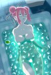  bangs bath bathtub blush bocchi_the_rock! breasts cable completely_nude convenient_censoring cyberpunk_(series) cyberpunk_edgerunners double_bun from_above gotou_hitori hair_between_eyes hair_bun highres ice ice_cube large_breasts long_bangs lying nude open_mouth parody partially_submerged pink_hair sleeping viperxtr water wire 