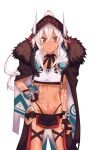  1girl azur_lane bangs black_panties blue_cape blush bodypaint breast_curtain breasts brown_cape brown_gloves brown_hood brown_skirt cape closed_mouth commentary_request cowboy_shot crossed_bangs dark-skinned_female dark_skin facepaint fingerless_gloves fur-trimmed_cape fur_trim gloves hair_between_eyes hand_on_hip high_ponytail highleg highleg_panties highres hood hood_up loincloth long_hair looking_at_viewer medium_breasts midriff minneapolis_(azur_lane) multicolored_cape multicolored_clothes navel o-ring o-ring_bottom panties red_cape red_eyes revealing_clothes shakobii showgirl_skirt simple_background skirt solo underboob underwear very_long_hair white_background white_cape white_hair 