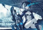  1girl bangs bikini bikini_top_only black_bikini black_choker black_gloves black_hair black_rock_shooter black_rock_shooter_(character) black_rock_shooter_fragment blue_footwear boots breasts choker closed_mouth flaming_eye gloves highres holding holding_weapon knee_boots long_hair navel official_art oshio_(dayo) shorts sitting small_breasts swimsuit twintails weapon 
