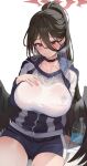  1girl absurdres black_choker black_hair blue_archive blue_jacket blue_shorts blush bottle breasts choker closed_mouth collarbone hair_between_eyes halo hasumi_(blue_archive) hasumi_(gym_uniform)_(blue_archive) highres jacket jbell large_breasts long_hair long_sleeves low_wings mole mole_under_eye partially_unzipped ponytail red_eyes shirt shorts simple_background sitting solo thighs water_bottle white_background white_shirt wings 