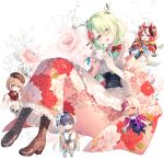 5girls :d antlers apron blush boots braid brown_footwear ceres_fauna cup floral_print flower frilled_apron frills green_hair green_nails hair_flower hair_ornament hair_over_one_eye hakos_baelz highres holding holding_cup holocouncil hololive hololive_english japanese_clothes kimono long_hair looking_at_viewer low_twin_braids low_twintails maid_apron minigirl mole mole_under_eye multicolored_hair multiple_girls nail_polish nanashi_mumei obi official_alternate_costume official_alternate_hairstyle one_eye_covered open_mouth ouro_kronii pink_kimono print_kimono sash smile streaked_hair tassel tassel_hair_ornament teacup toosaka_asagi tsukumo_sana twin_braids twintails two-tone_hair virtual_youtuber wa_maid white_apron yellow_eyes 