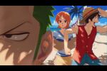  1girl 2boys bare_shoulders beach bird black_hair blue_shorts earrings green_eyes hat highres holding holding_map jewelry map monkey_d._luffy multiple_boys nami_(one_piece) ocean one_piece open_mouth orange_eyes orange_hair outdoors palm_tree qin_(7833198) red_shirt roronoa_zoro sand shirt short_hair shorts skirt straw_hat t-shirt tree 