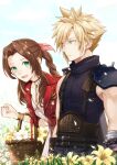  1boy 1girl aerith_gainsborough aqua_eyes armor bandaged_arm bandages bangle bangs basket belt blonde_hair blue_pants blue_shirt bracelet braid braided_ponytail breasts brown_belt brown_hair buster_sword choker cleavage closed_mouth cloud_strife cropped_jacket dress earrings falling_petals field final_fantasy final_fantasy_vii final_fantasy_vii_remake flower flower_basket flower_choker flower_field green_eyes hair_between_eyes hair_ribbon holding holding_basket jacket jewelry leaning_forward lily_(flower) long_hair multiple_belts open_mouth outdoors pants parted_bangs petals pink_dress pink_ribbon red_jacket ribbon saklo shirt short_hair shoulder_armor sidelocks single_bare_shoulder single_earring sleeveless sleeveless_turtleneck smile spiked_hair suspenders toned toned_male turtleneck upper_body wavy_hair weapon weapon_on_back white_flower yellow_flower 