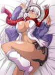  1girl azur_lane bangs black_panties black_skirt blush body_blush breasts cardigan closed_mouth commentary_request covered_nipples crossed_bangs dark-skinned_female dark_skin facepaint foot_out_of_frame hair_between_eyes headphones high_ponytail highres large_breasts long_hair long_sleeves looking_at_viewer lying miniskirt minneapolis_(azur_lane) minneapolis_(wild_huntress_schoolgirl)_(azur_lane) navel official_alternate_costume on_back on_bed open_clothes open_shirt panties plaid plaid_scarf purple_cardigan red_eyes red_scarf scarf shiny shiny_skin shirt skirt socks solo tatunoji0403 underwear very_long_hair white_hair white_shirt white_socks 