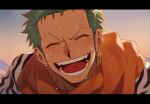  1boy arabian_clothes blush closed_eyes earrings green_hair happy highres jewelry male_focus one_piece open_mouth outdoors qin_(7833198) roronoa_zoro smile solo upper_body water_drop wet 