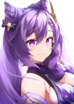  1girl armpit_peek bangs braid breasts choker commentary cone_hair_bun detached_sleeves double_bun genshin_impact gloves hair_between_eyes hair_bun hair_ornament hand_on_own_cheek hand_on_own_face indonesian_commentary keqing_(genshin_impact) long_hair looking_at_viewer purple_eyes purple_gloves purple_hair rizihike sideboob sidelocks simple_background single_braid solo twintails white_background 