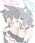  2girls absurdres animal_ear_fluff animal_ears bangs bikini biting black_bikini black_hair blue_archive blush cross_hair_ornament extra_ears grey_hair hair_ornament hair_ribbon halo halterneck highres hug hug_from_behind long_hair looking_at_another looking_away masabodo multiple_girls neck_biting off-shoulder_bikini off_shoulder official_alternate_costume one-piece_swimsuit open_mouth ponytail ribbon serika_(blue_archive) serika_(swimsuit)_(blue_archive) shiroko_(blue_archive) shiroko_(swimsuit)_(blue_archive) simple_background swimsuit upper_body white_background yuri 