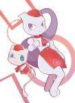  apron aqua_eyes blush_stickers chirosamu closed_mouth commentary frown hand_on_hip hat hatted_pokemon highres mew mewtwo poke_ball_print pokemon pokemon_cafe_mix purple_eyes red_headwear smile symbol-only_commentary waist_apron 