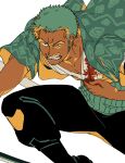  1boy blood blood_stain clenched_teeth cropped dark-skinned_male dark_skin fighting_stance frown green_hair highres injury landeg long_sideburns looking_to_the_side male_focus one_piece roronoa_zoro short_hair sideburns solo teeth 