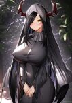  1girl alternate_costume artist_name azur_lane black_dress black_hair breasts covered_nipples cowboy_shot dress friedrich_der_grosse_(azur_lane) gdat hair_over_one_eye highres horns huge_breasts impossible_clothes impossible_dress leaf long_hair long_sleeves looking_at_viewer mature_female mechanical_horns red_horns solo taut_clothes taut_dress tree v_arms very_long_hair wide_hips yellow_eyes 