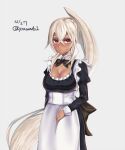  1girl alternate_costume apron azur_lane bangs black_bow black_bowtie black_dress blush bow bowtie breasts cleavage cleavage_cutout closed_mouth clothing_cutout commentary_request cowboy_shot crossed_bangs dark-skinned_female dark_skin dress enmaided grey_background hair_between_eyes high_ponytail juliet_sleeves large_breasts long_hair long_sleeves looking_at_viewer maid maid_apron minneapolis_(azur_lane) paundo2 puffy_sleeves red_eyes simple_background smile solo very_long_hair white_apron white_hair 