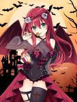  1girl bat_(animal) black_hair breasts candy cleavage demon_wings floral_print flower food green_eyes halloween highres holding holding_candy holding_food long_hair looking_at_viewer medium_breasts multicolored_hair original popsicle red_hair red_wings rose signature solo spleeny standing sun thighhighs tongue tongue_out white_flower white_rose wings 