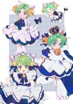  1girl animal_ears animal_hands animal_hat apron bell blush bow cat_ears cat_hat cat_tail dejiko di_gi_charat dress gloves green_eyes green_hair hair_bell hair_ornament hat highres jamu_(yakinikuoi4) jingle_bell looking_at_viewer maid_apron open_mouth paw_gloves paw_shoes short_hair smile solo tail 