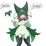  absurd_res anthro breasts dialogue english_text featureless_breasts female genitals green_body hi_res imposter_dude looking_at_viewer meowscarada nintendo one_eye_closed pokemon pokemon_(species) pussy simple_background solo text video_games white_background 