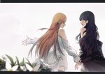  2girls absurdres bangs bare_shoulders black_dress black_hair black_jacket blunt_bangs cowboy_shot detached_sleeves dress final_fantasy final_fantasy_xiv flower from_behind gaia_(ff14) hair_ribbon highres holding_hands jacket jacket_partially_removed long_hair long_sleeves looking_at_another multiple_girls open_mouth orange_hair outdoors outstretched_arm red_ribbon ribbon ryne smile straight_hair thighhighs wavy_hair white_background white_dress white_flower yorukun 