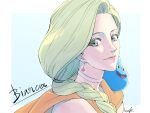  1girl bare_shoulders bianca_(dq5) blonde_hair blue_eyes braid cape character_name choker dragon_quest dragon_quest_v earrings eyelashes hair_over_shoulder highres jewelry lips long_hair looking_at_viewer mature_female orange_cape single_braid slime_(creature) slime_(dragon_quest) strikebeagle upper_body 