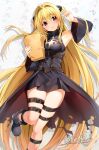  1girl black_dress black_footwear blonde_hair closed_mouth clothing_cutout detached_sleeves dress hair_intakes hand_in_own_hair highres holding konjiki_no_yami long_hair looking_at_viewer nakano_maru red_eyes simple_background solo thigh_strap to_love-ru very_long_hair white_background 