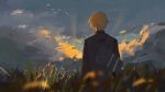  1boy bag black_jacket blonde_hair chainsaw_man cloud denji_(chainsaw_man) evening field gakuran grass jacket looking_away null_(skev7724) school_uniform short_hair shoulder_bag solo sunset 